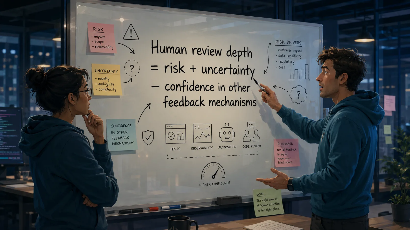 Two developers at a whiteboard discussing the formula "human review depth = risk + uncertainty − confidence in other feedback mechanisms", surrounded by sticky notes breaking risk into impact, scope, and reversibility, uncertainty into novelty, ambiguity, and complexity, and feedback mechanisms into tests, observability, automation, and code review