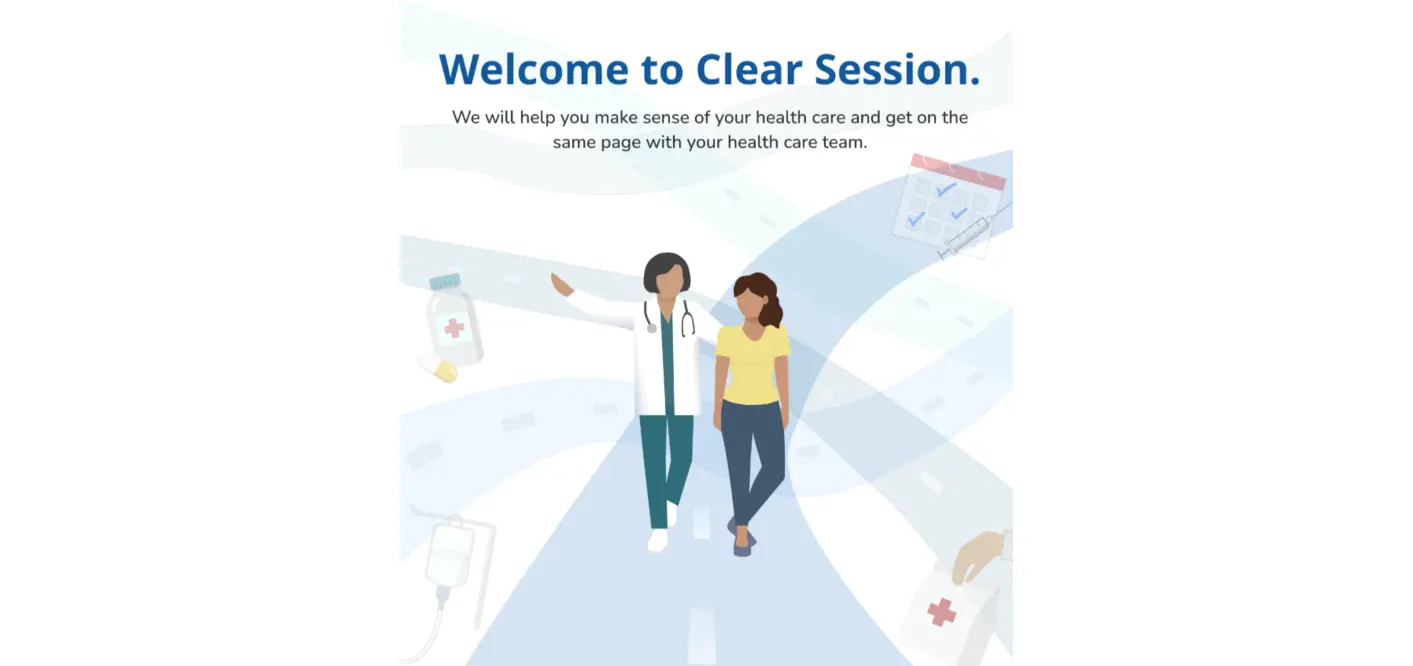 Clear Session welcome screen with a doctor and patient illustration
